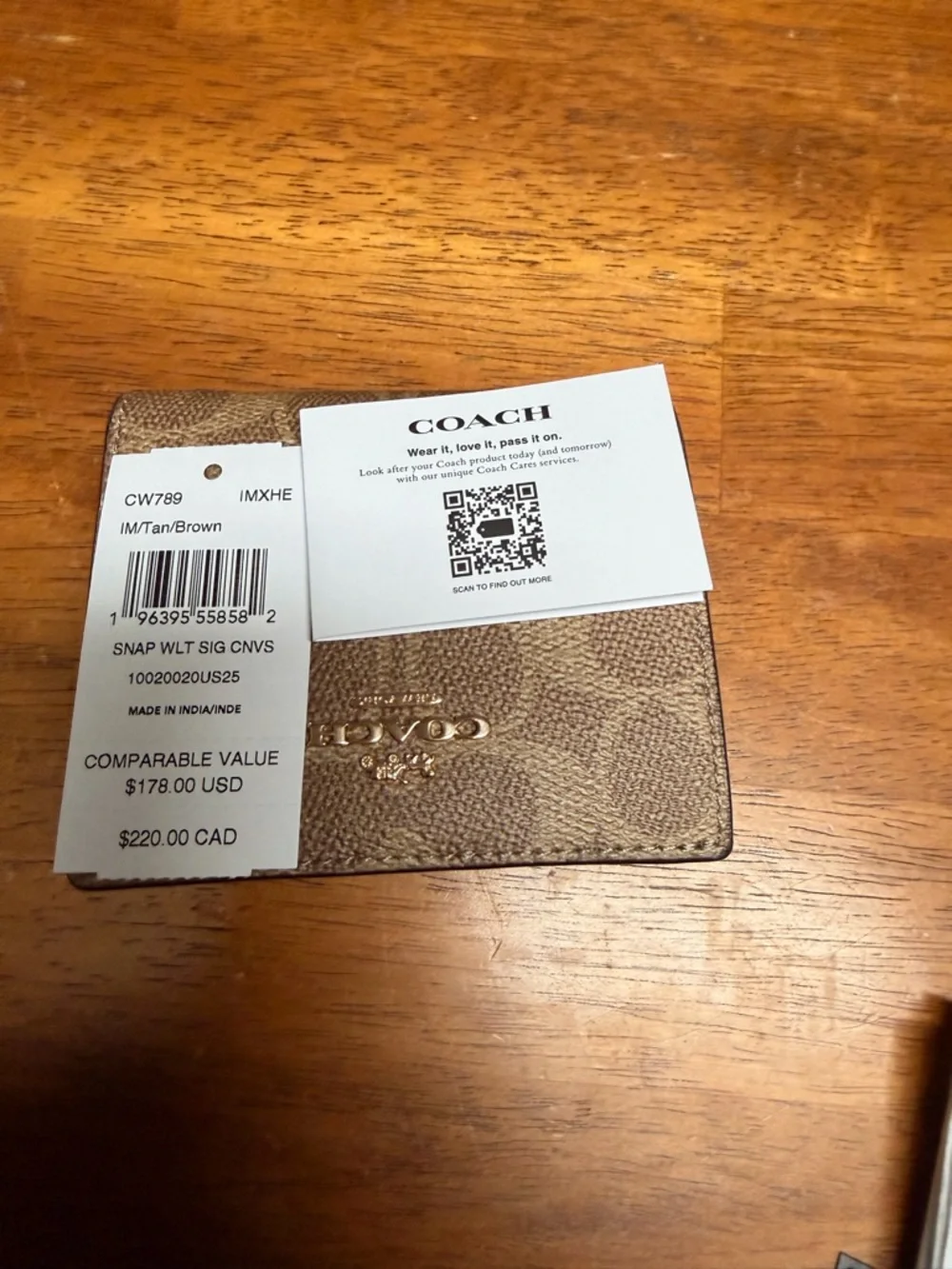 Coach Compact Signature Trifold Wallet in Brown and Tan - Picture 7 of 7